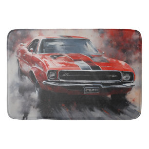 Vintage Red Muscle Car with silver stripe  Bath Mat