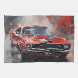 Vintage Red Muscle Car with silver stripe  Tea Towel
