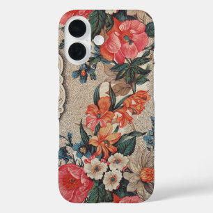 Vintage red orange white flower pattern iPhone 16 case