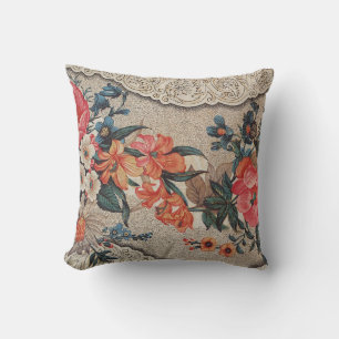 Vintage red orange white flower pattern cushion