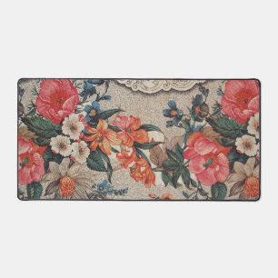 Vintage red orange white flower pattern desk mat