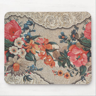 Vintage red orange white flower pattern mouse mat