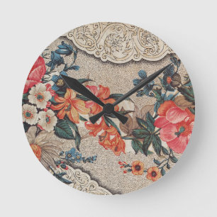 Vintage red orange white flower pattern round clock