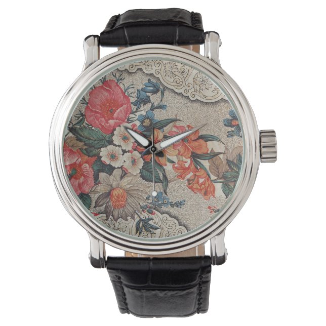 Vintage red orange white flower pattern watch (Front)