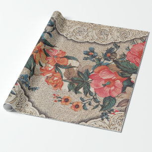 Vintage red orange white flower pattern wrapping paper