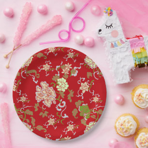 Vintage Red Oriental Flower Decorative Wedding Paper Plate