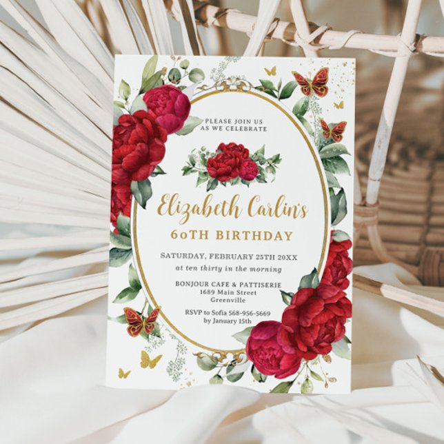Vintage Red Peonies Floral Butterflies Birthday Invitation (Creator Uploaded)