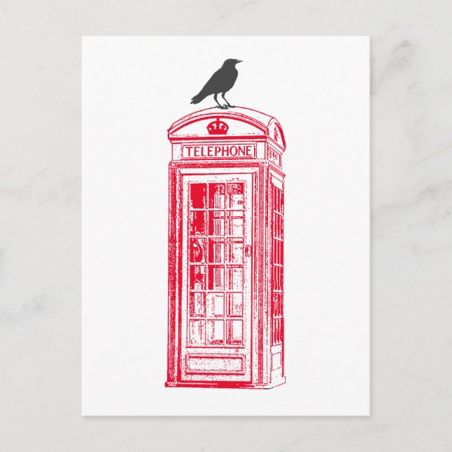 Vintage Red Phone Booth & Raven Postcard (Front)