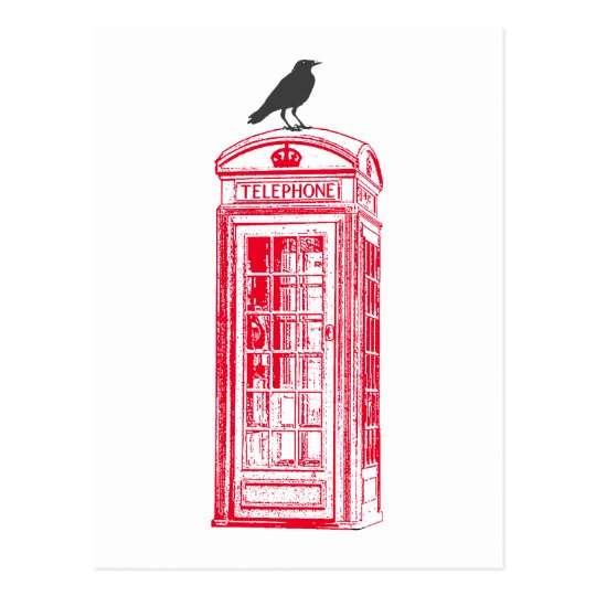 Vintage Red Phone Booth & Raven Postcard