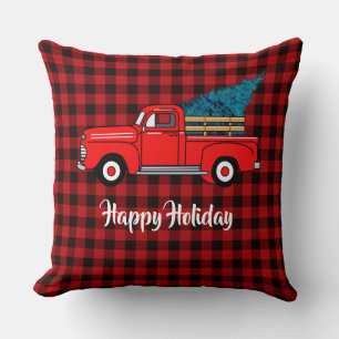 Vintage Red pick-up truck, buffalo plaid, holiday Cushion