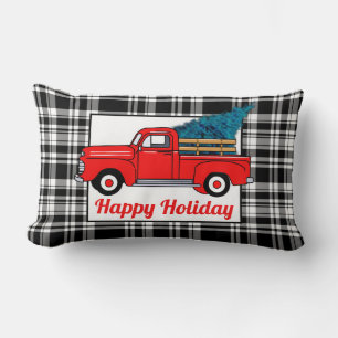 Vintage red pick-up truck, pine tree, holiday fun lumbar cushion