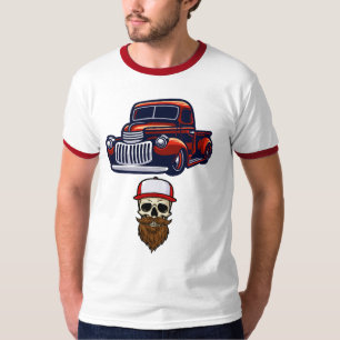 Vintage Red Pickup Truck Bearded Skull Retro T-Shirt