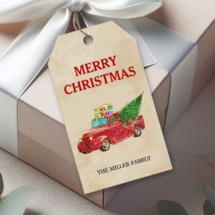 Vintage Red Pickup Truck Christmas Gift Tags