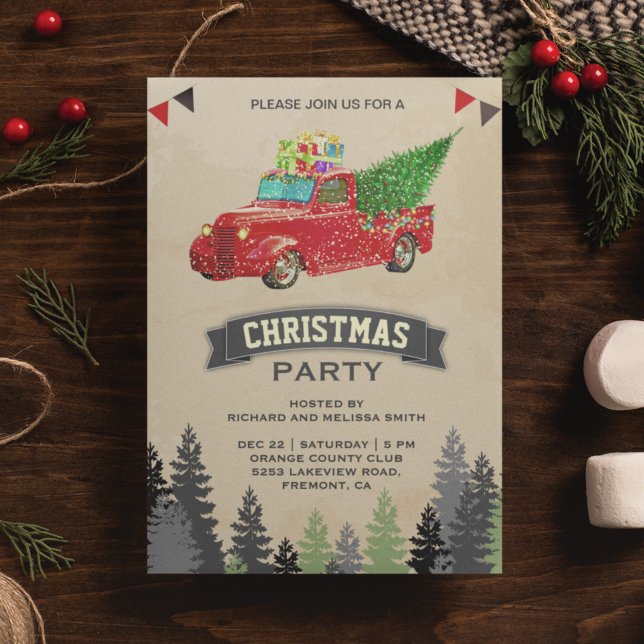 Vintage Red Pickup Truck Christmas Party Invitation (Creator Uploaded)