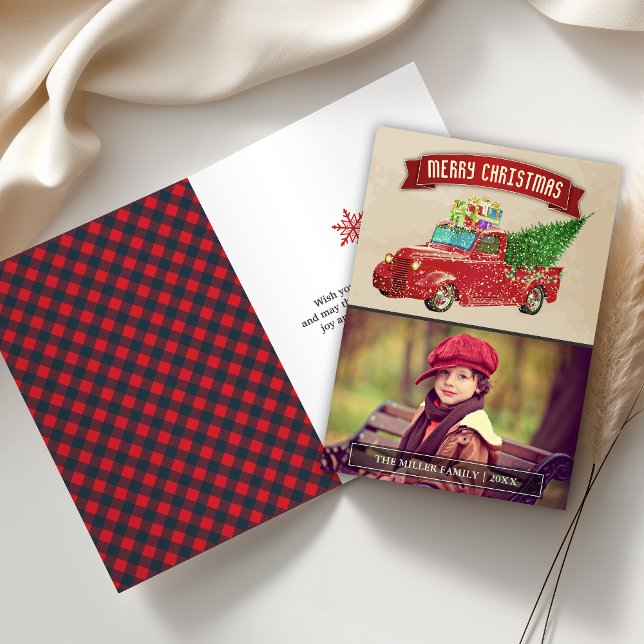 Vintage Red Pickup Truck Christmas Photo Holiday Card (Creator Uploaded)