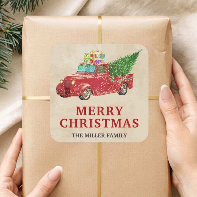 Vintage Red Pickup Truck Christmas Square Sticker (Creator Uploaded)
