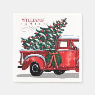 Vintage Red Pickup Truck Family Name Monogram Napkin