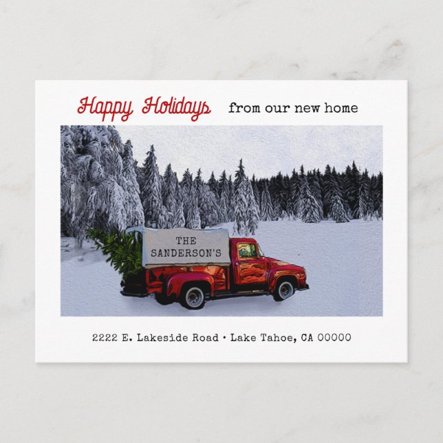 Vintage Red Pickup Truck Holiday Moving  Postcard (Front)