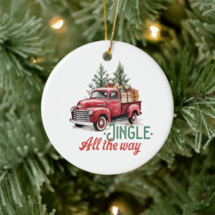 Vintage Red Pickup Truck Jingle All The Way Ceramic Tree Decoration