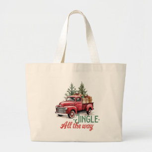 Vintage Red Pickup Truck “Jingle All The Way” Large Tote Bag