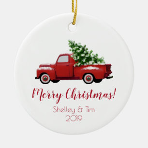 Vintage Red Pickup Truck Merry Christmas Ceramic Tree Decoration