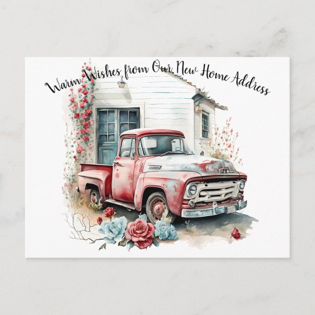 Vintage Red Pickup Truck We've Moved Postcard (Front)