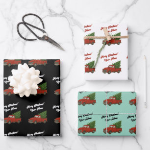 Vintage red pickup truck with Christmas tree Wrapping Paper Sheet