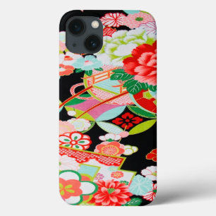 Vintage Red Pink Black Japanese Kimono Floral iPhone 13 Case