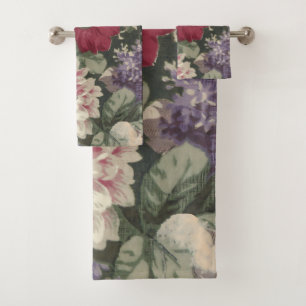Vintage red pink blue white flowers painting bath towel set
