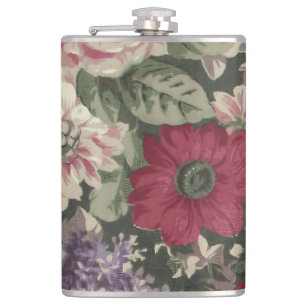 Vintage red pink blue white flowers painting hip flask