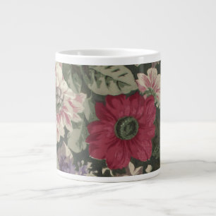 Vintage red pink blue white flowers painting large coffee mug