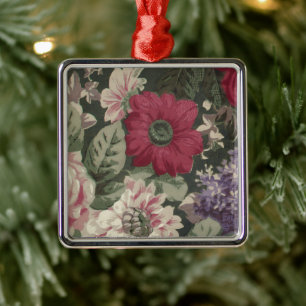 Vintage red pink blue white flowers painting metal tree decoration
