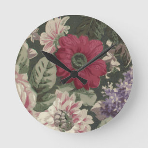 Vintage red pink blue white flowers painting round clock