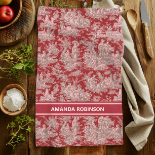 Vintage Red Pink French Country Toile de Jouy Tea Towel