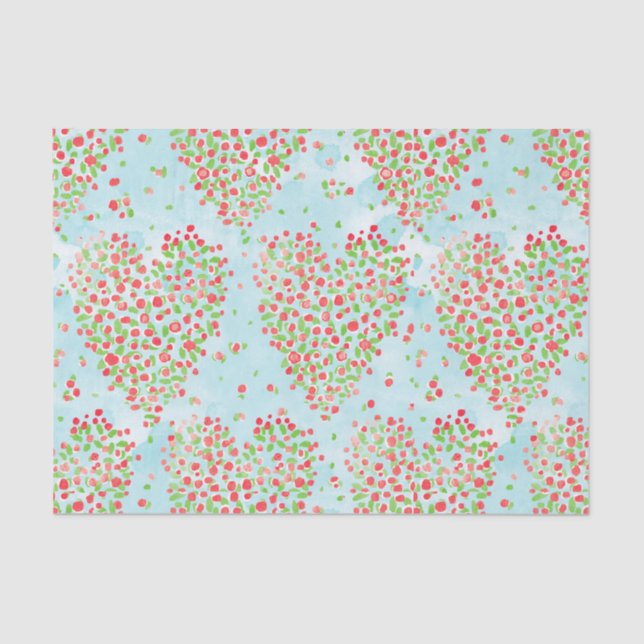 Vintage Red Pink Rose Floral Hearts Blue Decoupage Tissue Paper (Front)