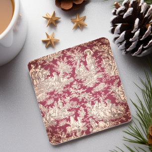 Vintage Red Pink Toile de Jouy Pastoral Pattern Stone Coaster