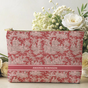 Vintage red pink toile de jouy printed accessory pouch