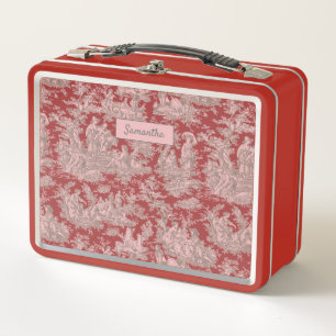 Vintage red pink toile de jouy printed metal lunch box