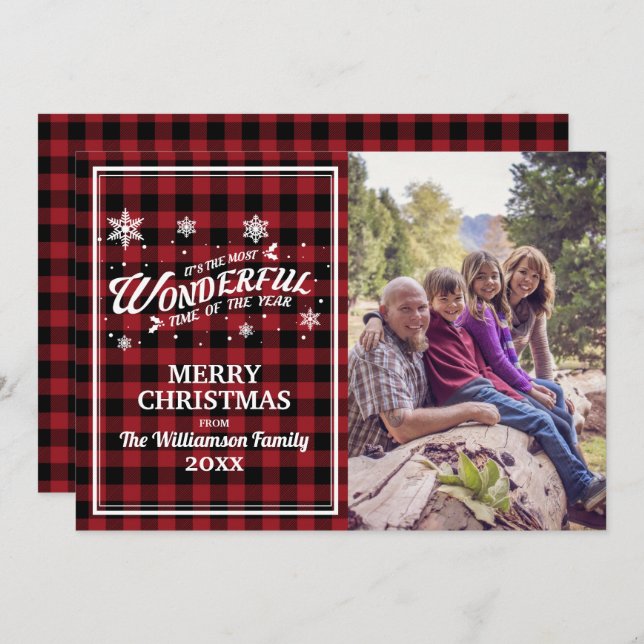 Vintage Red Plaid Christmas Photo Greeting Card (Front/Back)