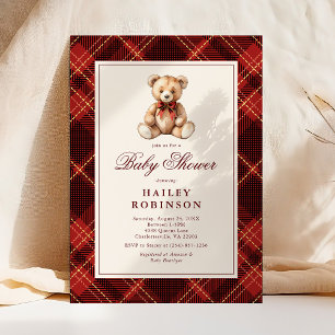 Vintage Red Plaid Classic Teddy Bear Baby Shower Invitation