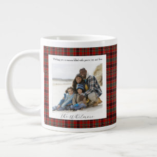 Vintage Red Plaid Cozy Christmas Monogram 2 Photo  Large Coffee Mug