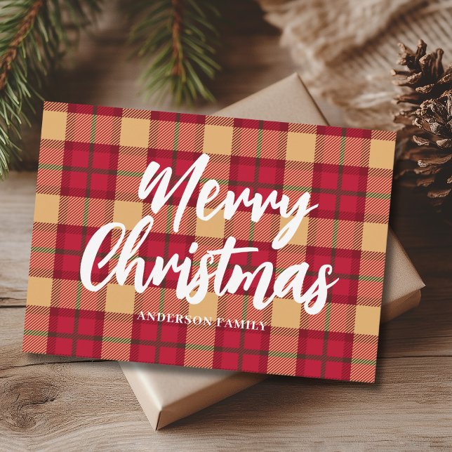 Vintage Red Plaid Personalised Merry Christmas Holiday Card (Creator Uploaded)
