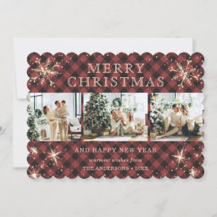 Vintage Red Plaid Snowflake Photo Collage Holiday Card