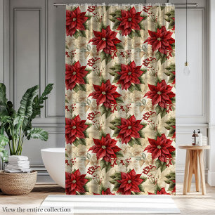 Vintage Red Poinsettia Curtain for Rustic Decor