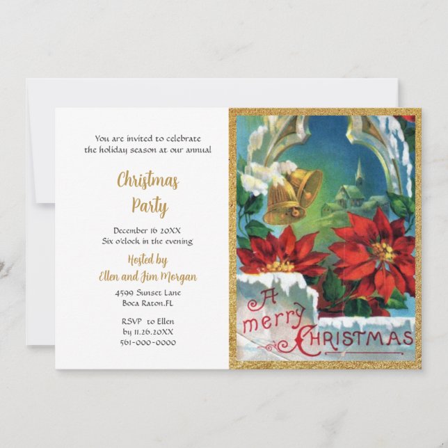 Vintage Red Poinsettia Gold Bells Christmas Party Invitation (Front)