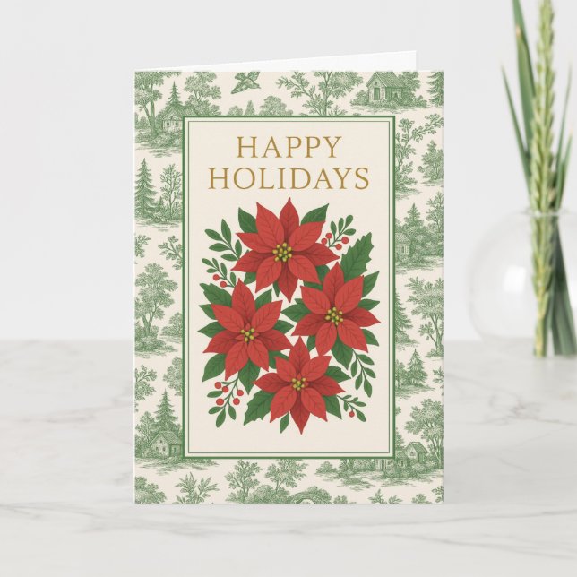 Vintage Red Poinsettia Holiday Card with Green Toi (Front)