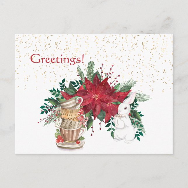 Vintage Red Poinsettia Teacups Rabbit Christmas Postcard (Front)