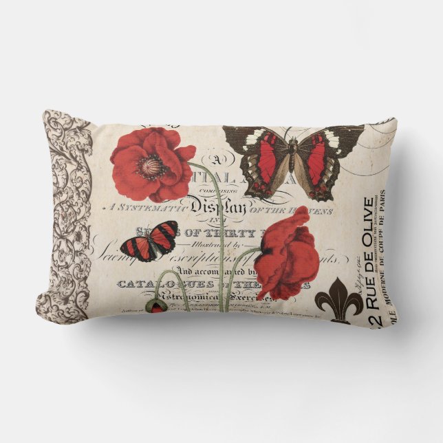 Vintage Red Poppies and Butterfly...pillow Lumbar Cushion (Front)