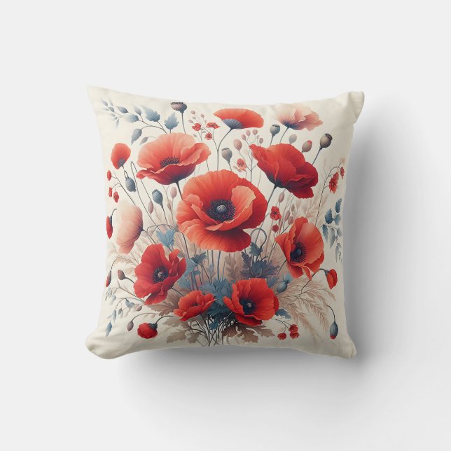 Vintage Red Poppies Floral Botanical Art  Cushion (Front)