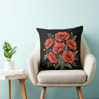 Vintage Red Poppy Bouquet On Black Pillow